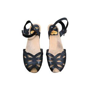 Swedish Hasbeens Women's Black Leather Peep-Toe Sandals Wooden Platform & Ankle